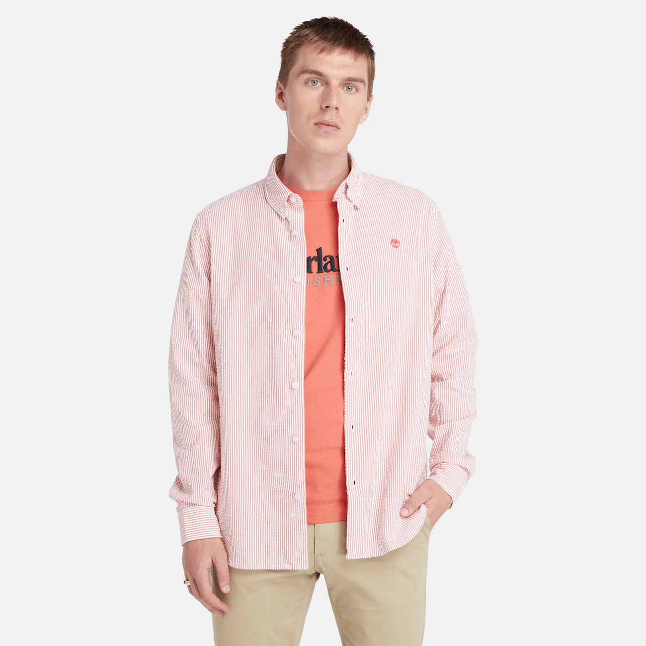 Camicia a Righe da Uomo Timberland in Cotone Rosa Camicia a Righe da Uomo Timberland in Cotone Rosa
