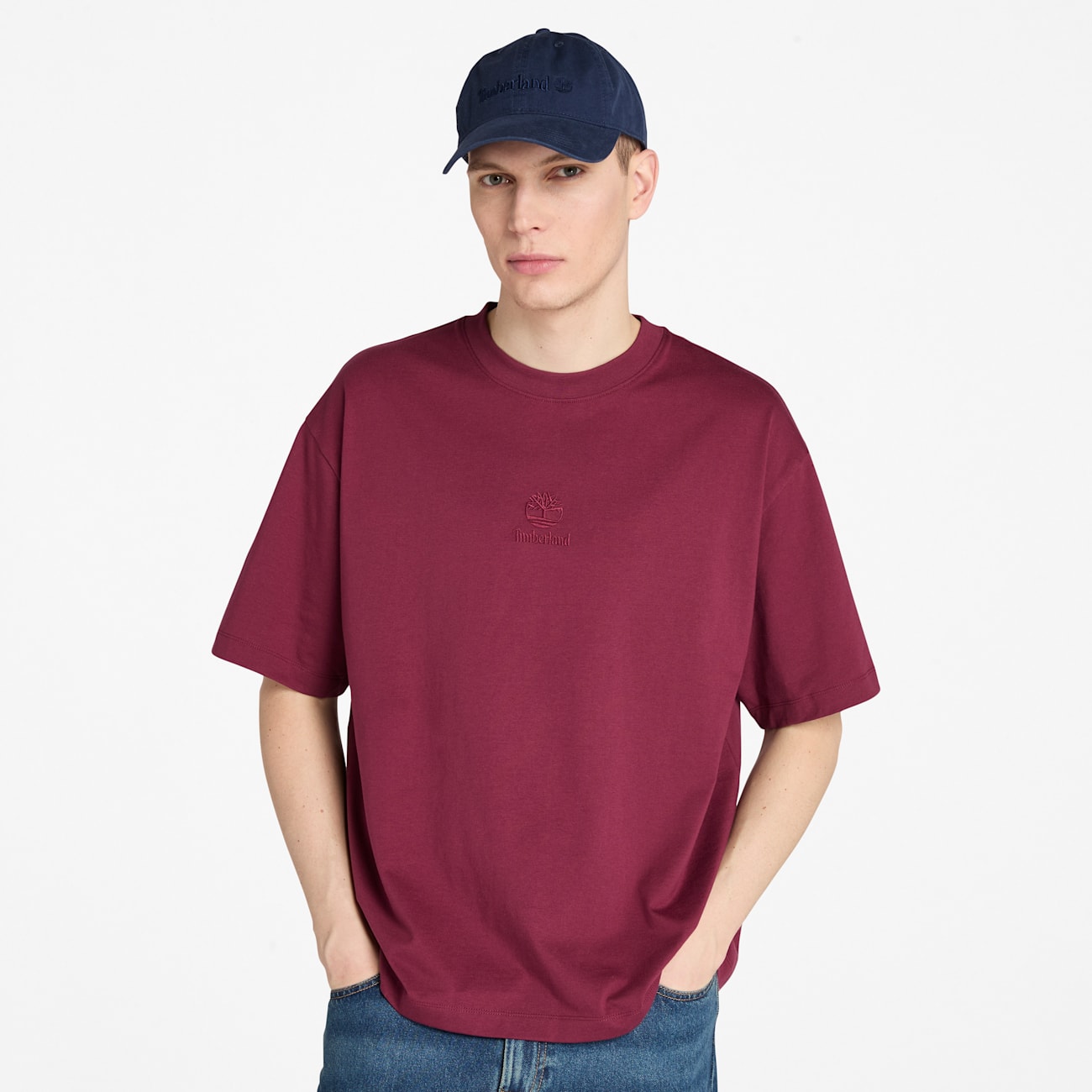 Timberland T-shirt Uomo con Logo Doppio in Cotone Bordeaux Timberland T-shirt Uomo con Logo Doppio in Cotone Bordeaux